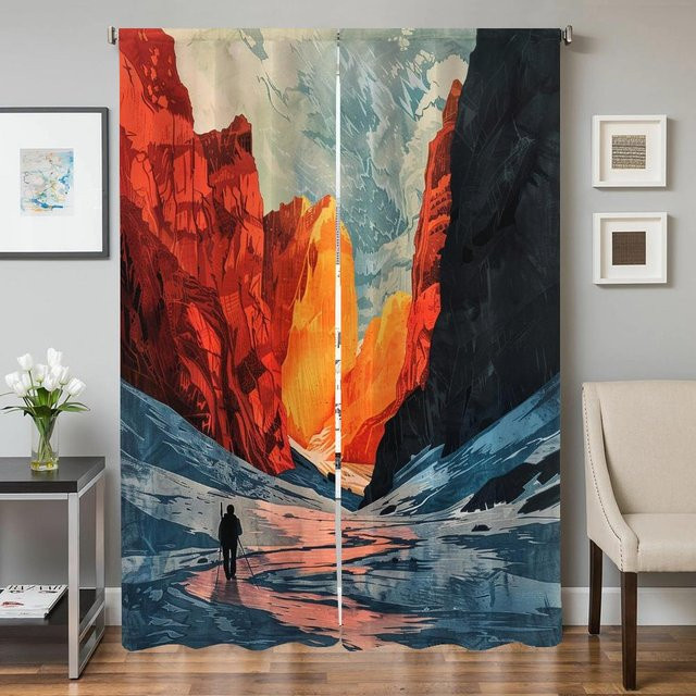 2er-Set halbtransparente Küchenvorhänge mit Grafikdesign für Wohnzimmer und Schlafzimmer, Mehrfarbig, Breite: 50 cm, Höhe: 70 cm - Bild 1