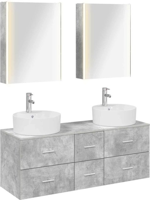 vidaXL Badezimmermöbel-Set 5-teilig in Betongrau aus Ingenieurholz und Glas mit LED-Beleuchtung und Spiegelschrank - Bild 1