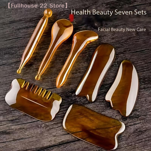 Heabety Guasha-Massage-Set aus Bernstein, 7-teilig, Unisex, Gesicht und Körper - Bild 1
