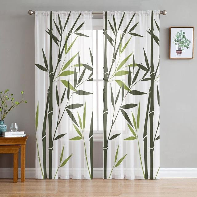 A Family Of Home Textiles Transparente Tüll-Vorhänge mit grünem Bambusblatt-Design, 2er-Set, Farbe: Grün/Transparent, B: 135 cm, H: 137 cm - Bild 1