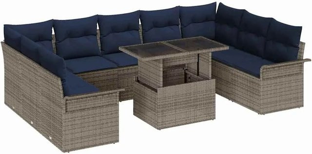 vidaXL Gartensofa-Set aus Poly Rattan und Stahl in Grau-Blau mit 10 Kissen und Tisch - Bild 1