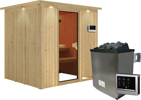 Karibu Sauna Rakvere aus Fichtenholz in Beige inklusive 9 kW Saunaofen mit externer Steuerung für 3 Personen, B/T/H: 210 x 184 x 202 cm - Bild 1
