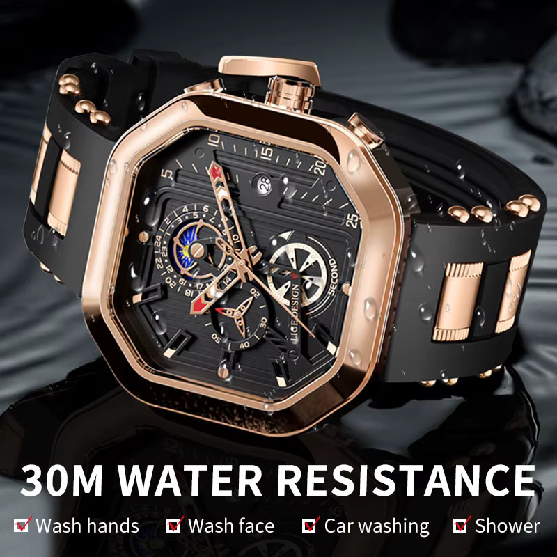 LIGE Armbanduhr Quarz, Eckig, Schwarz, Roségold, Edelstahl, Herren - Bild 3
