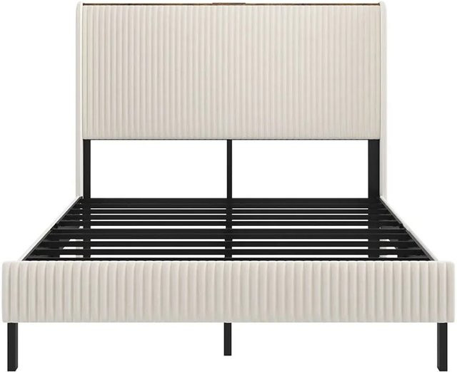 KOMHTOM Polsterbett Cord in Beige mit Stoffkopfteil und Metalllattenrost, B/T/H: 160 x 200 x 120 cm - Bild 1