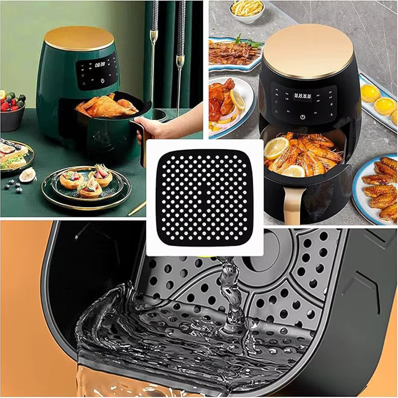 Wiederverwendbare Air Fryer Silikon Matte in Schwarz, quadratische Antihaft-Backmatte für Heißluftfritteusen - Bild 3