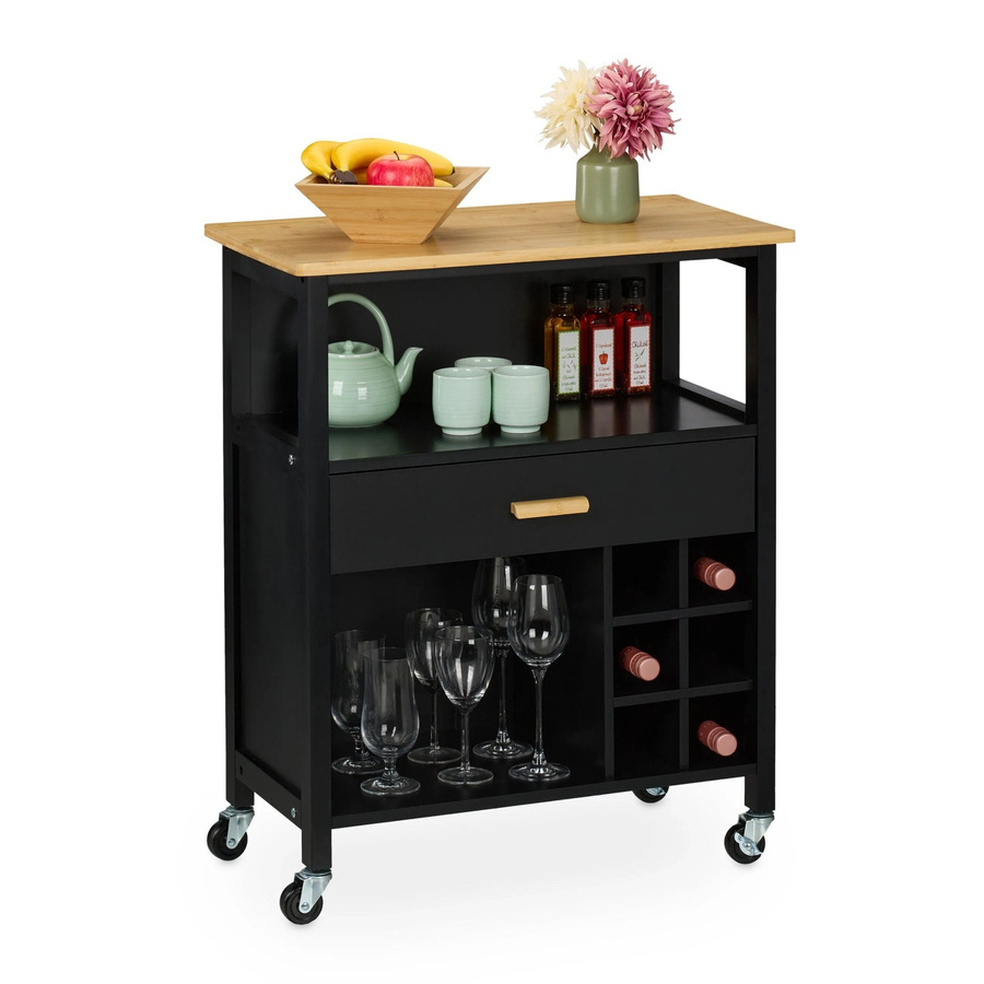 Relaxdays Küchenwagen aus MDF und Bambus in Schwarz mit Weinregal und Schublade, B/T/H: 80 x 65 x 35 cm - Bild 2