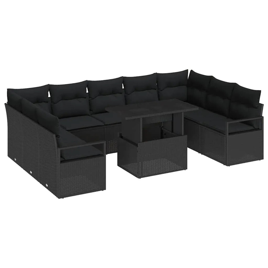 vidaXL Garten-Sofa-Set aus Poly-Rattan in Schwarz mit Kissen und Tisch, 10-teiliges U-Shape Lounge-Set mit pulverbeschichtetem Stahlgestell - Bild 2