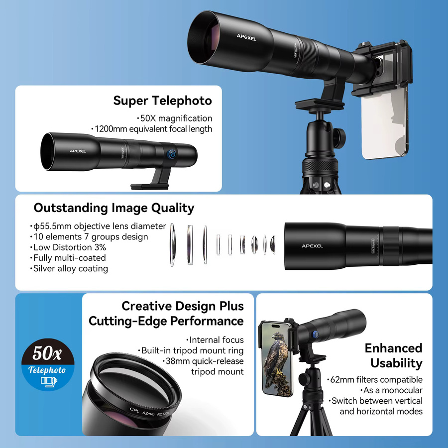 APEXEL Professionelles 50-faches Universal-Teleobjektiv aus Metall mit Stativ für Smartphones in Schwarz - Bild 4