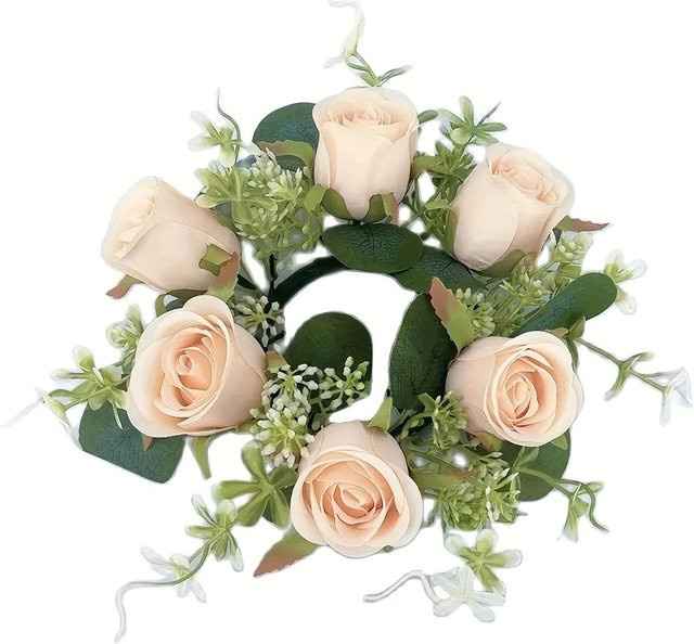 Handgefertigter künstlicher Rosenkranz von Ouyaohong in Beige mit Rosen und Kerzenmittelstück als florale Tischdekoration oder hängende Türdekoration - Bild 1