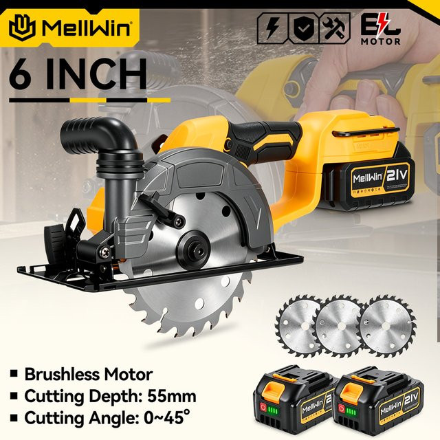 MELLWIN Bürstenlose 6-Zoll-Elektro-Kreissäge in Gelb, tragbare Multifunktions-Schneidemaschine für Holz und PVC-Rohre, wiederaufladbar und kompatibel mit Makita LXT Akkus - Bild 1