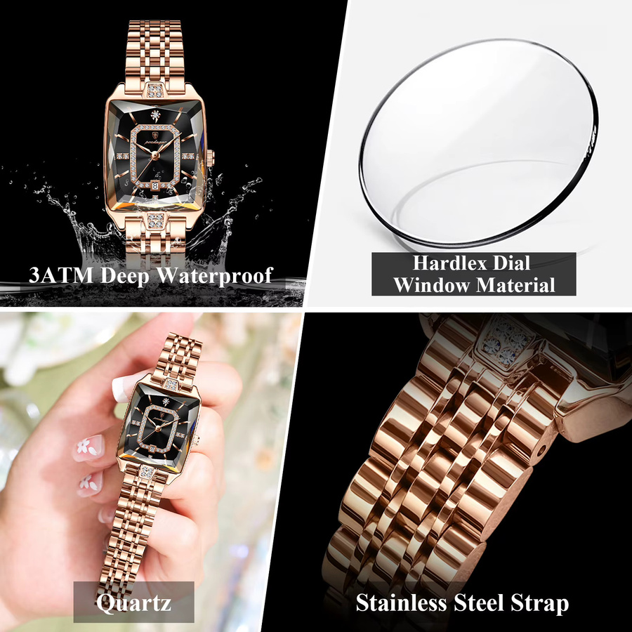 POEDAGAR Armbanduhr Edelstahl, Quarz, Roségold, Schwarz, Damen - Bild 4