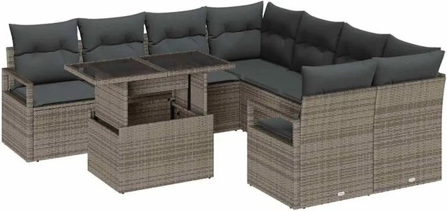 vidaXL Gartensofa-Set aus Poly-Rattan in Grau mit 9 Teilen, L-Form mit integriertem Kissen-Speicher, Tisch und 10 Kissen - Bild 1