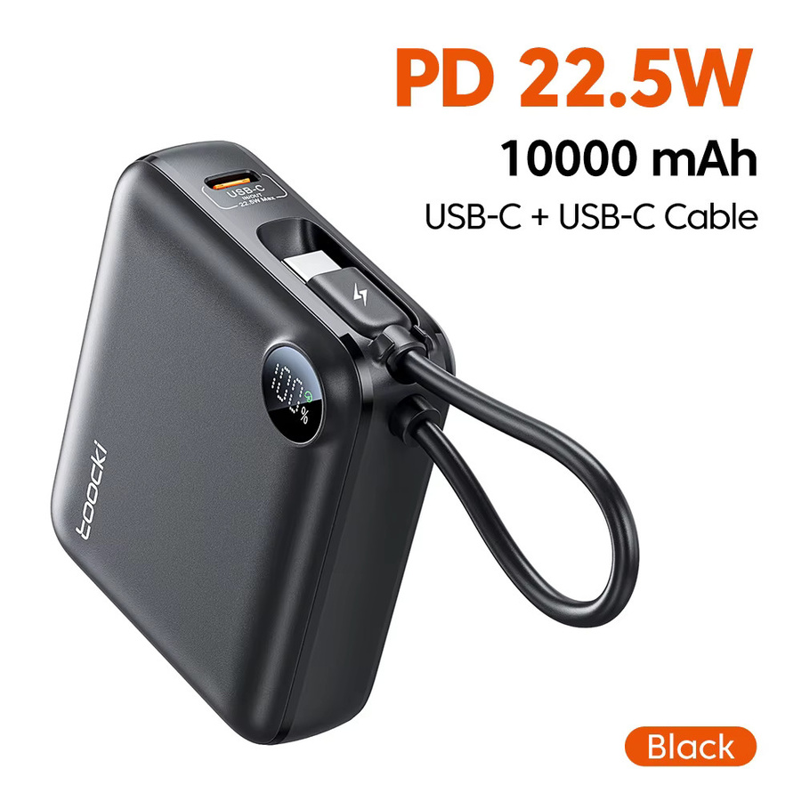Toocki Tragbare Powerbank mit integriertem USB-C-Kabel, 10000 mAh, PD 22,5 W Schnellladegerät, Schwarz - Bild 5