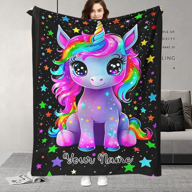 ZIZ Decke mit individuellem Namen, Regenbogen-Einhorn und Sternen in Multicolour - Bild 1
