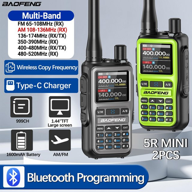 Baofeng UV-5R Mini Walkie Talkie mit Bluetooth und Typ-C, Amateurfunk Funkgerät AM/FM in Schwarz oder Grau - Bild 1
