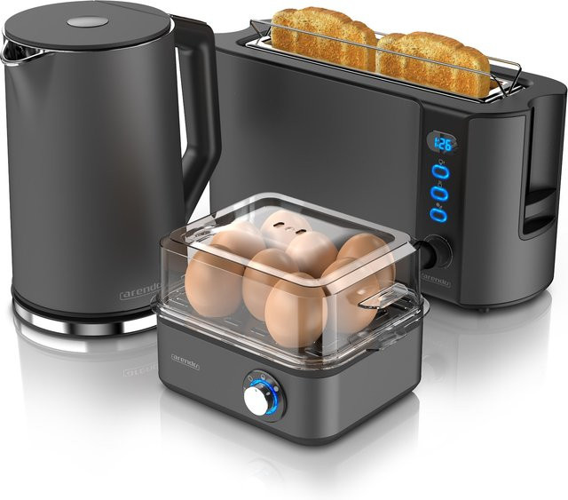 Arendo Frühstücks-Set in Grau/Anthrazit bestehend aus Wasserkocher, Toaster und Eierkocher aus Edelstahl und Kunststoff - Bild 1