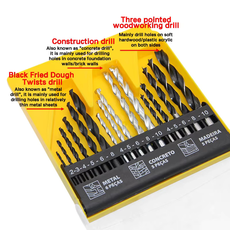Mr Drill 16-teiliges Bohrer-Set mit Dreipunkt-Holzbohrern und Spiralbohrern für Holz und Metall inklusive Lokalisierungswerkzeug und Kunststoff-Bits - Bild 2