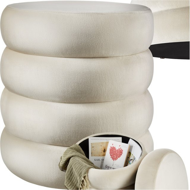 tectake Sitzhocker mit Stauraum rund mit Samt-Bezug in Weiß, B/T/H: 42 x 42 x 47 cm - Bild 1