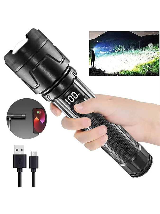Lenovo LED-Taschenlampe in Schwarz mit digitalem Display, USB-C wiederaufladbar und IPX8 wasserdicht - Bild 1