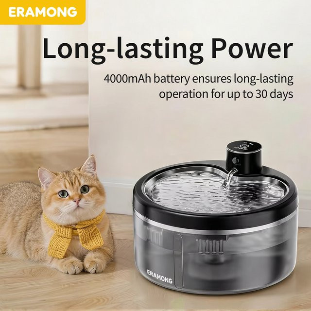 LABEKA Kabelloser Katzenwasserbrunnen mit intelligentem Sensor und 4000mAh Akku, wiederaufladbarer Edelstahl Haustier-Wasserspender, Schwarz oder Silber - Bild 1