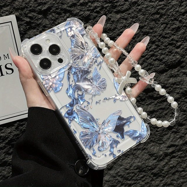 Transparente Handyhülle mit blauem Schmetterlingsdesign und Schleifen-Lanyard für Apple iPhone 11 bis iPhone 17 Pro Max - Bild 1