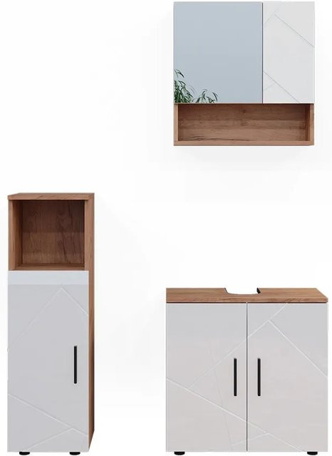 Vicco Badmöbelset Irma in Eiche und Weiß Hochglanz, 3-teiliges modernes Badezimmer-Set - Bild 2