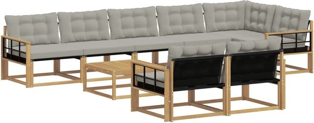vidaXL Outdoor-Sofagarnitur aus Akazienholz in L-Form, 9-teiliges Set mit Textilene-Bezug und Polstern, Weiß-Hellgrau, B/T/H: 79 x 79 x 37 cm - Bild 1