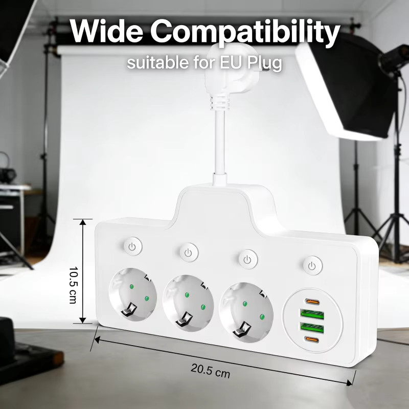 Netcosy Steckdosenleiste QL-1118U in Weiß mit 3 AC-Steckdosen, 2 USB-C Anschlüssen und Einzelschaltern zur Wandmontage - Bild 3