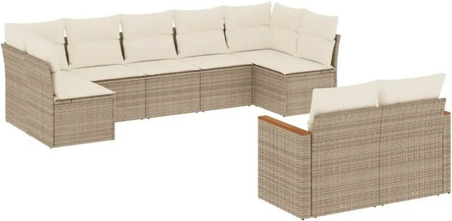 vidaXL 9-tlg. Garten-Sofagarnitur aus Poly-Rattan mit Kissen in Beige und Cremeweiß - Bild 1