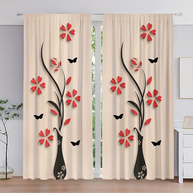 2er-Set dekorative Vorhänge mit floralem Muster in Beige, halbtransparent, Material Polyester, B x H: 100 x 130 cm - Bild 1