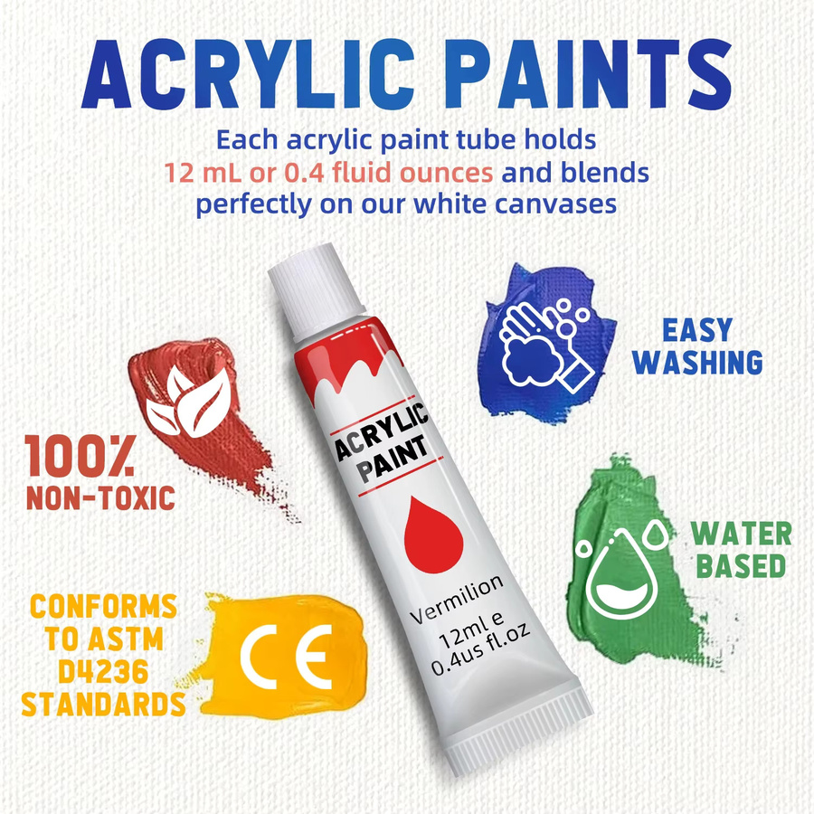 Acrylfarben-Set mit 12 Farben in Multicolour, 12 ml pro Tube, ungiftiges Kunst-Malset für Holz, Leinwand, Stoff, Stein und Glas - Bild 3