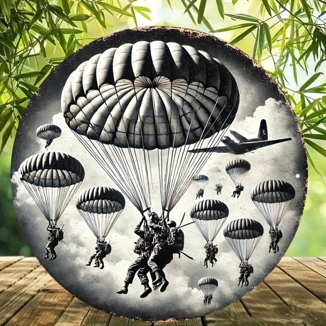Rundes Wandkunstschild aus Aluminium von HELLOYOUNG mit Militärthema und Airborne-Soldat in Multicolour, Durchmesser: 20 cm - Bild 1