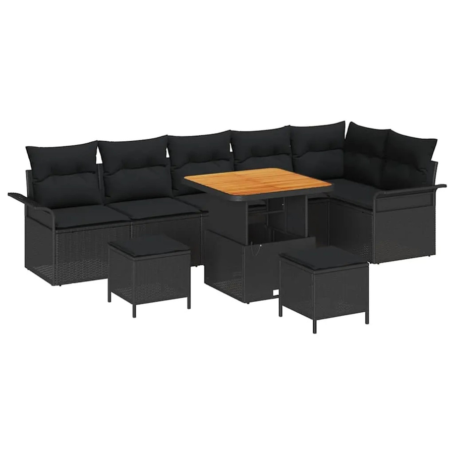 vidaXL Garten-Sofa-Set aus Polyrattan und Akazienholz in Schwarz mit Polstern und Ottomane für Garten, Balkon und Terrasse - Bild 2