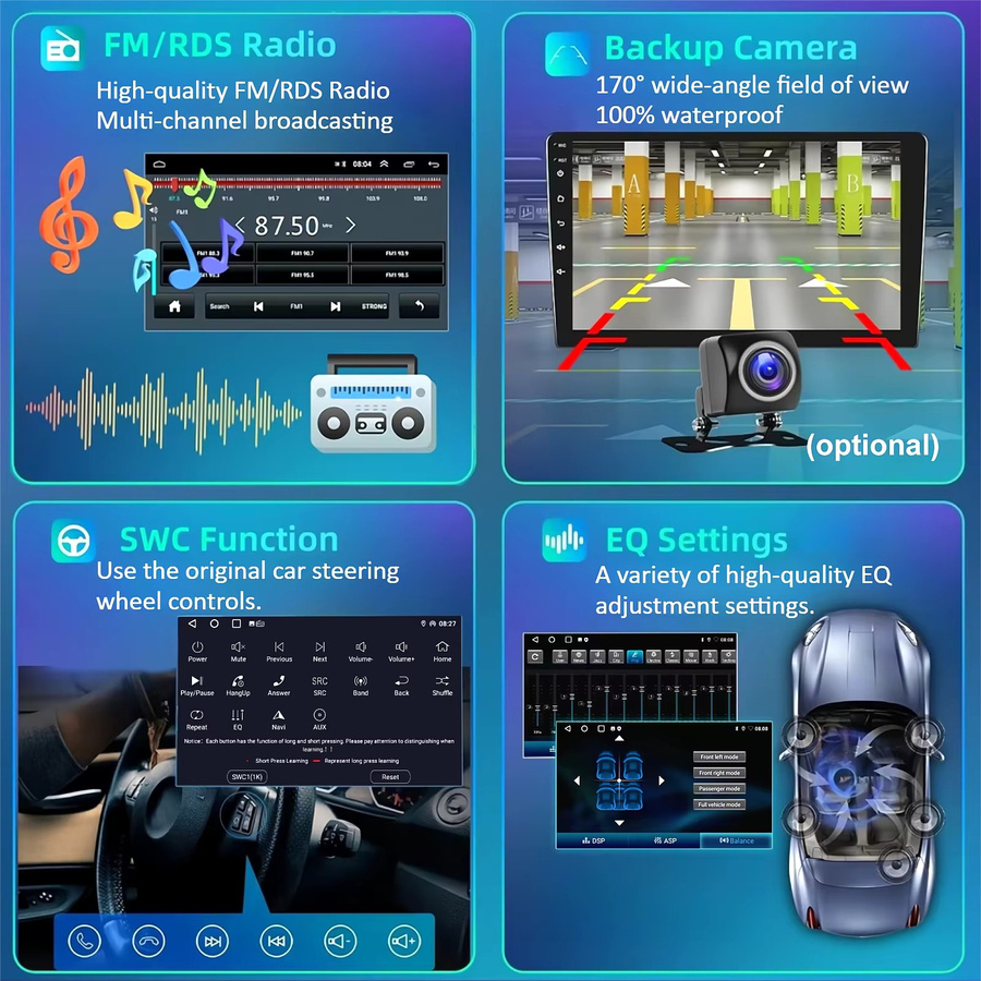 ESSGOO Universelles 2-DIN-Autoradio mit Android 15, 4+64G Speicher, kabellosem CarPlay und Android Auto, GPS Navigation, Bluetooth, WLAN und Touchscreen in Schwarz - Bild 3
