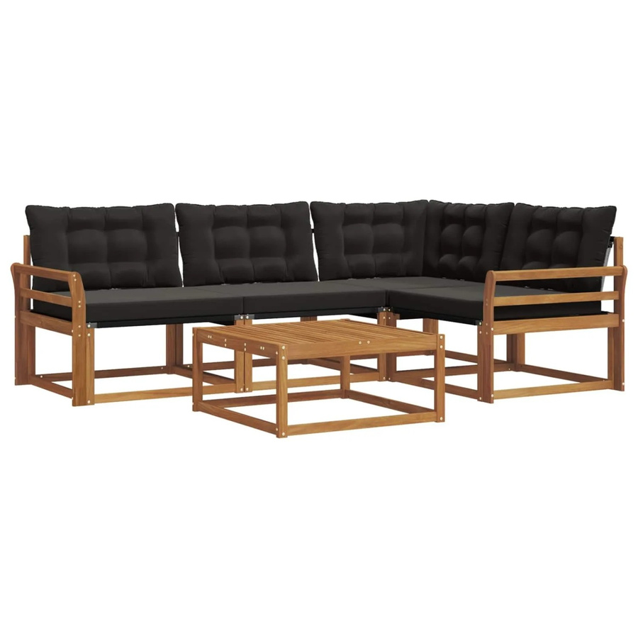 vidaXL Outdoor-Sofagarnitur 5-teilig in L-Form aus Akazienholz und Textilene mit Kissen in Schwarz und Natur - Bild 2