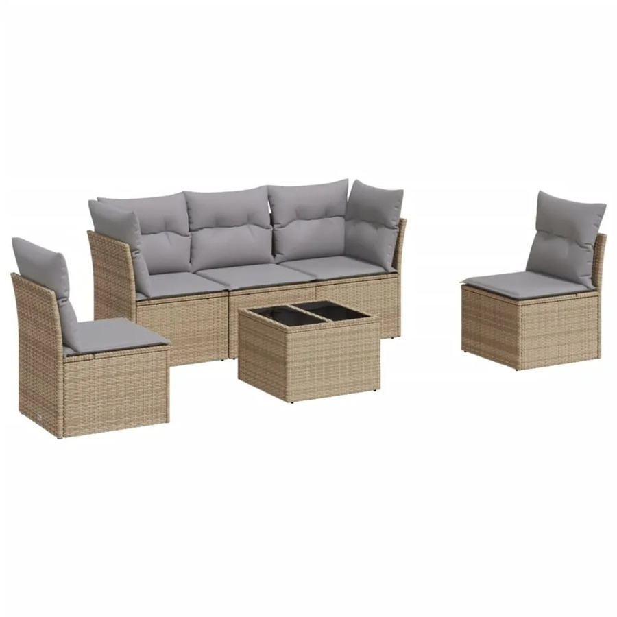 vidaXL 6-teilige Garten-Sofagarnitur in L-Form aus Poly-Rattan mit Tisch und Kissen, Beige-grau - Bild 2
