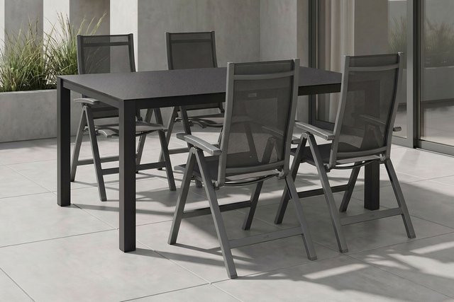 Kettler Altura Garten-Essgruppe in Anthrazit mit 4 Klappstühlen, Tisch B: 160 cm, T: 95 cm, H: 74 cm, aus Alu, Spraystone und Textil - Bild 1