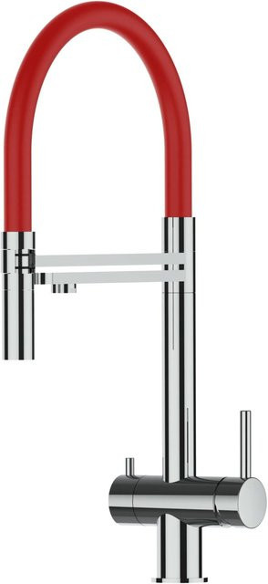 VIZIO Küchenarmatur aus Edelstahl mit 3-Wege-Wasserhahn, 360 Grad schwenkbarem Auslauf und abnehmbarer 2-Strahl Handbrause in Rot und Silber - Bild 1