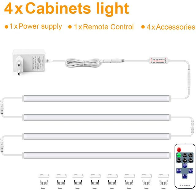 MALITAI LED-Lichtleiste aus Aluminium, 4er-Set, warmweiß, dimmbar mit RF-Fernbedienung, verknüpfbar und selbstklebend, Länge pro Leiste: 30 cm - Bild 1