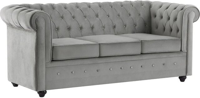 Vente-unique Chesterfield Schlafsofa aus Samt in Hellgrau mit Schlaffunktion, Breite: 210 cm - Bild 1