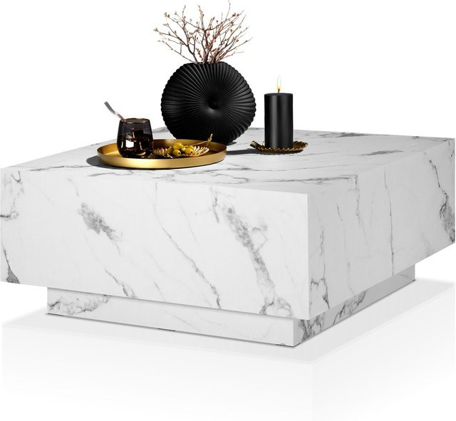 tectake Couchtisch Lasley in Marmoroptik Weiß, minimalistisches Design aus MDF, B/T/H: 80 x 80 x 35 cm - Bild 1