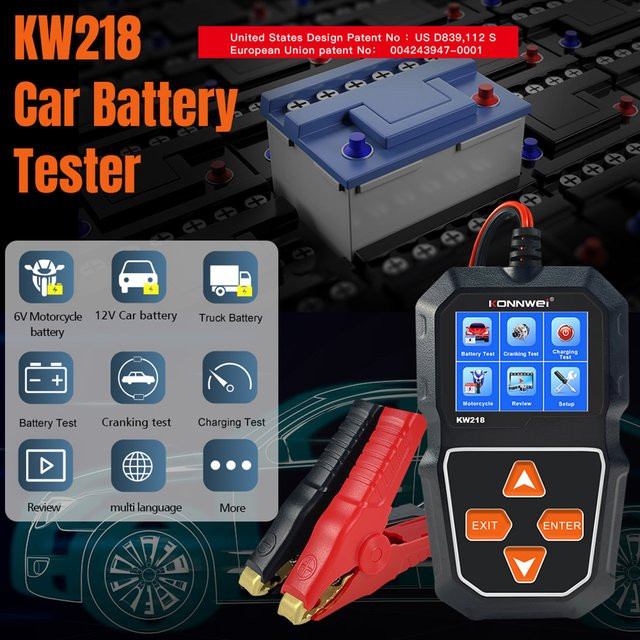 KONNWEI KW218 Autobatterie-Diagnosegerät für 6V-12V in Schwarz zur Fehleranzeige und Testung des Batterieladestatus - Bild 1