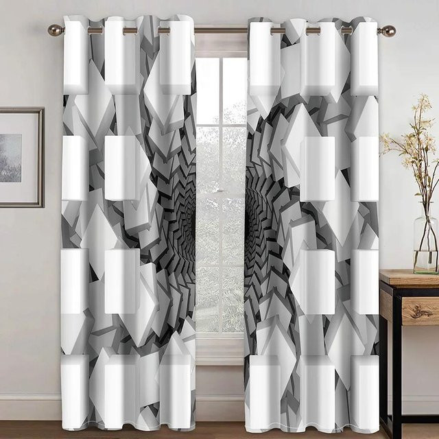 A Family Of Home Textiles Vorhang Set mit 2 Paneelen, abstraktes geometrisches Muster in Karo-Optik, Schwarz Weiß Rot, halbtransparent, Breite: 50 cm, Höhe: 130 cm - Bild 1