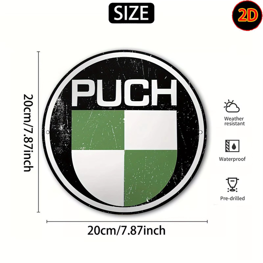 Potdemiel Vintage Metallschild PUCH rund mit grün-weiß kariertem Design aus Aluminium - Bild 3