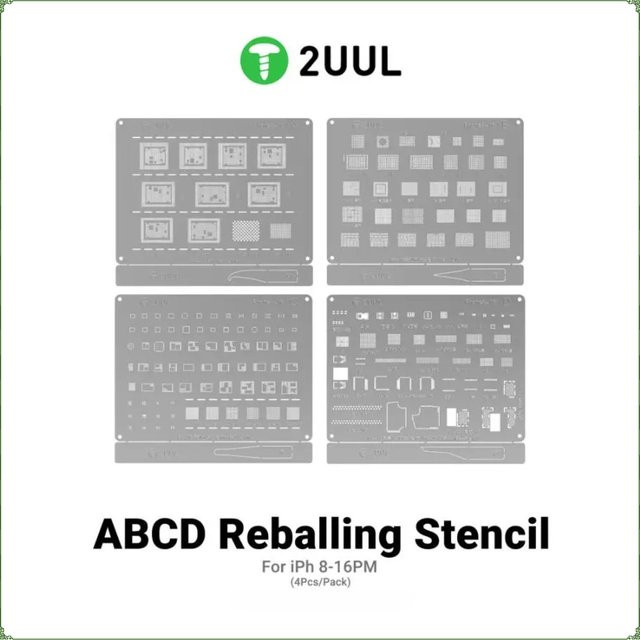 2UUL BG01 Reballing Schablonen Set aus Stahlgeflecht für iPhone 8 bis 16 Pro Max, 4 Stück, Farbe: Silber - Bild 1