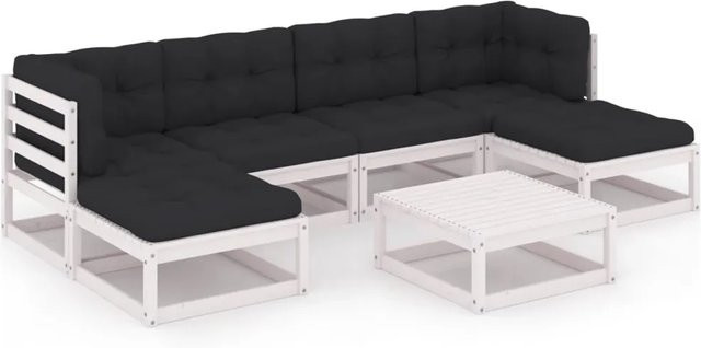 vidaXL 7-tlg Garten-Lounge-Set aus Kiefer Massivholz in Weiß mit Kissen und L-Form - Bild 1