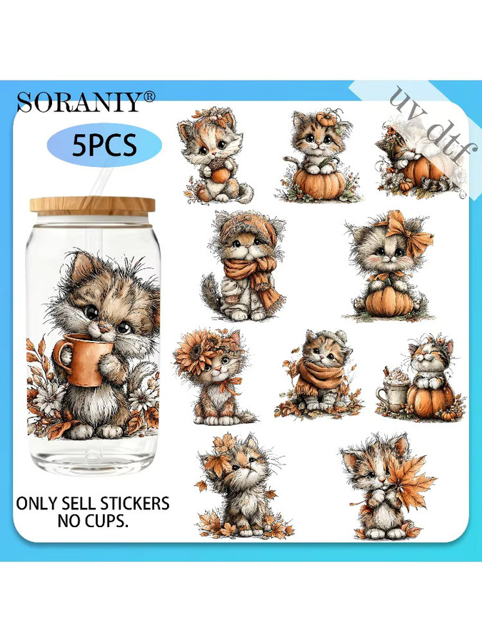 UV DTF DIY Transferaufkleber Set mit Herbst-Katzen-Camping-Motiv, 5 Stück, Mehrfarbig - Bild 5