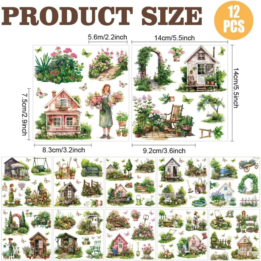 12-Blatt-Transferaufkleber im Vintage-Gartendesign mit Häusern, Gartenwerkzeugen und Schmetterlingen, Mehrfarbig - Bild 2