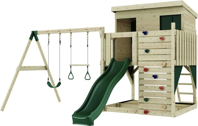 PolarPlay Spielturm Nils aus Holz mit Trapezstange, Schaukel und Rutsche, Dunkelgrün - Bild 1