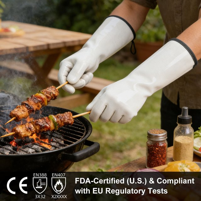 XYEHS Flüssigsilikon-Handschuhe in Weiß, lebensmittelecht, hitzebeständig und wasserdicht mit Frottee-Einsatz zum Kochen, Backen und Grillen - Bild 1